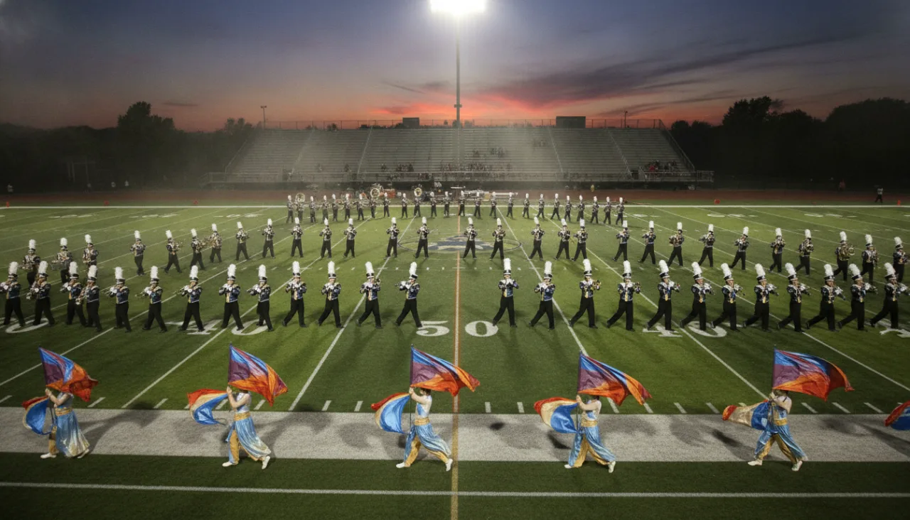 The Royal Regiment marching band performing on a field at night