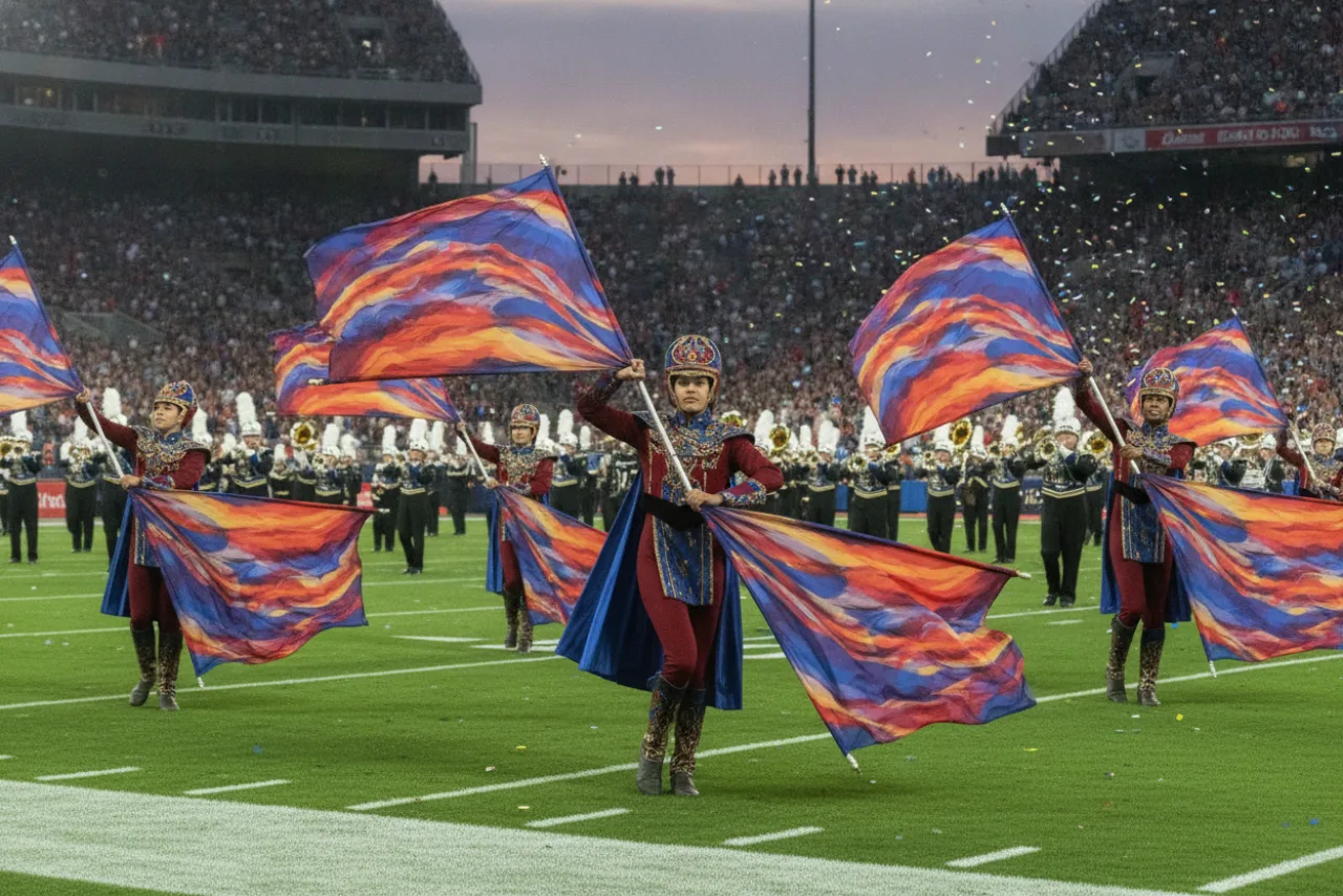 Marching band color guard performing with flags during a field show