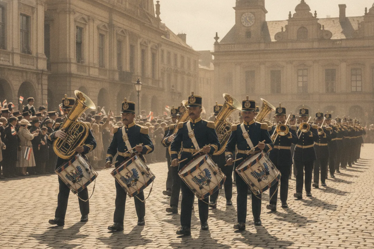 Vintage ceremonial military band with brass and drums