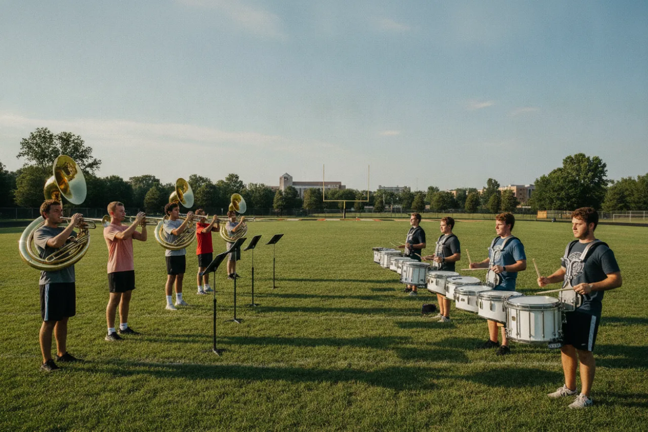 Marching band brass and drumline sections during rehearsal